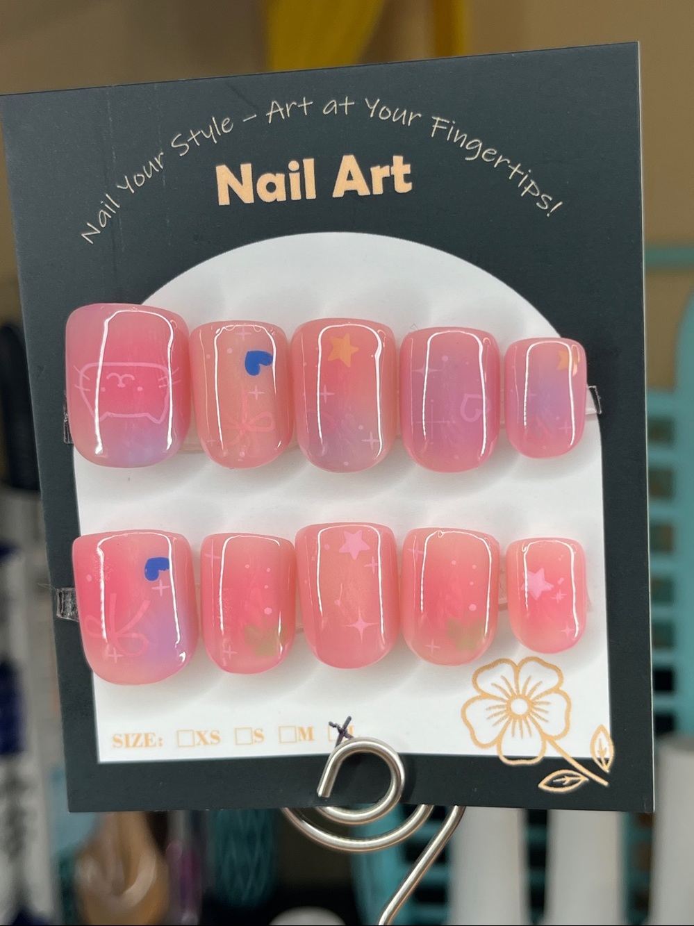 Press on nails Cute Pastel ombré pink blue cat Short square large